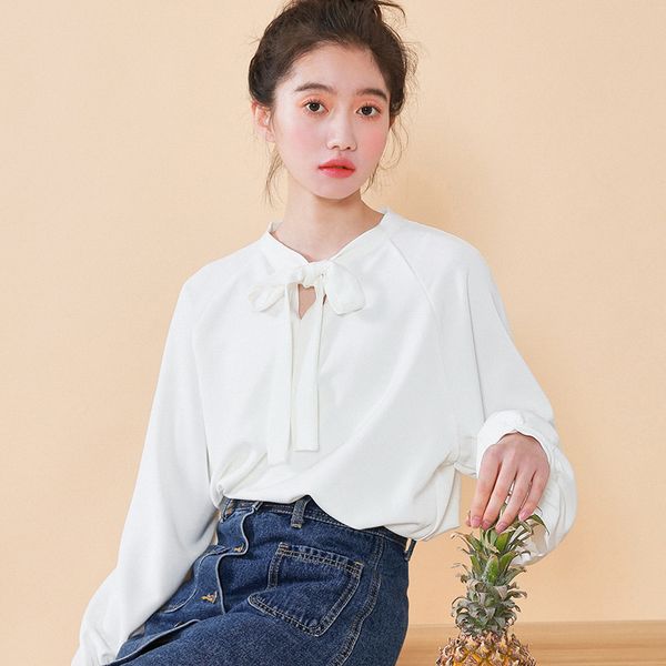 

2021 spring new niche temperament gentle elegant bow tie lantern sleeve chiffon white long sleeve shirt, White;black