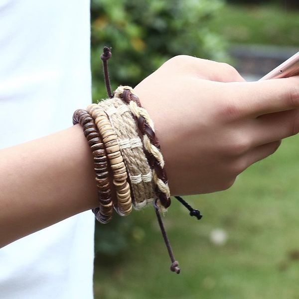 

4pcs/set boho gypsy hippie punk light dark brown coconut wooden beads beige cord wrap macrame wrap bracelets set for man, Golden;silver