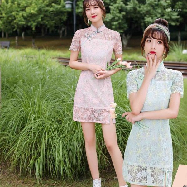 

ethnic clothing vintage woman cheongsam dress retro traditional chinese style lace short sleeve mini qipao elegant oriental evening dres1, Red