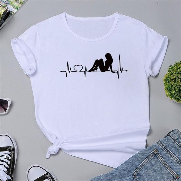 

ecg heartbeat print t shirt women short sleeve o neck loose tshirt women tee shirt female clothes camisetas mujer, White