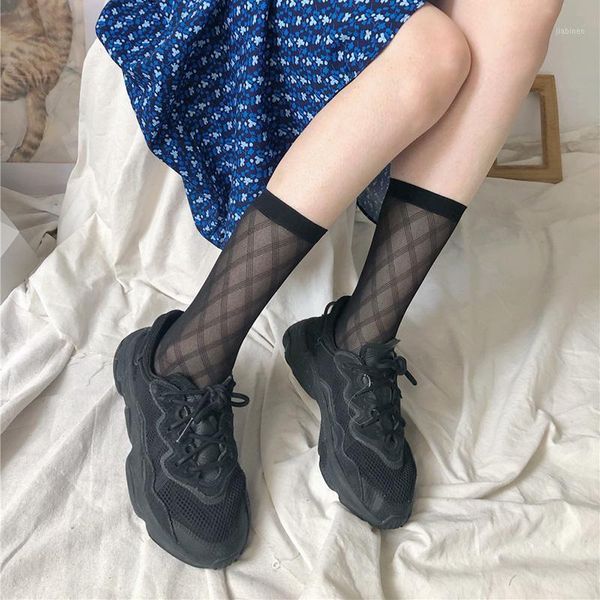 

new plaid lace stocking women transaprent high ealstic long knee socks girls summer thin pantyhose leg dress calcetine medias1, Black;white