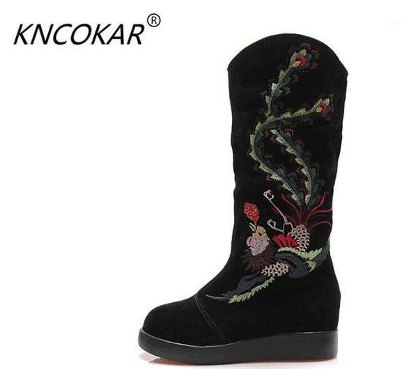 

boots kncokar 2021 autumn winters folk embroidery ladies the stylish to keep warm high cotton shoes1, Black