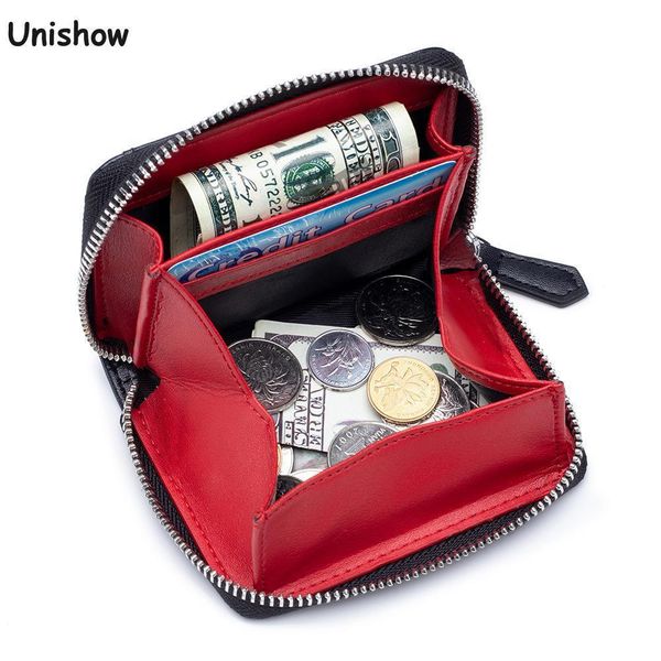 

rfid blocking split leather coin purse mini zipper coin wallet brand cow leather women and men purse money change pocket lj200907, Red;black