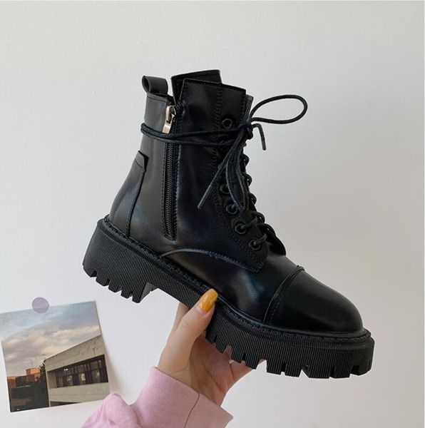 

shoes white ankle boots lace up round toe luxury designer boots-women low rubber ladies med rock fashion autumn 2020 pu basic, Black