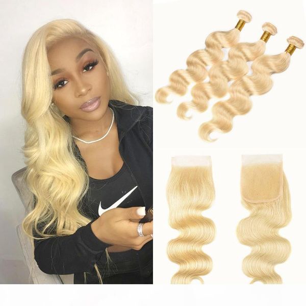 

brazilian virgin human hair weave #613 blonde 3 bundles with 4x4 part lace closure body wave blonde hair extension 10-24 inch, Black;brown