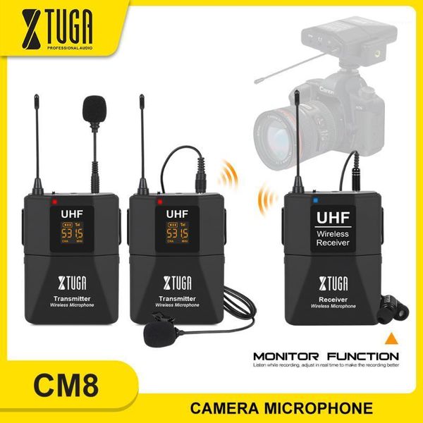

microphones xtuga dual channels camera mic uhf wireless lavalier microphone with audio monitor function for phone dslr dv camcorder1