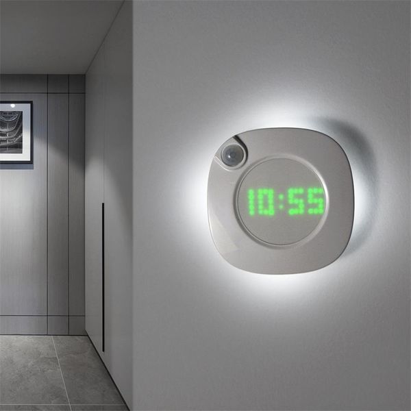 Sensore di movimento PIR Luce notturna con orologio digitale Lampada da parete a LED ricaricabile USB per la decorazione del bagno 201212