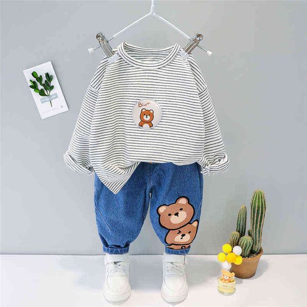 

2021 spring autumn baby girls boys clothes child clothing sets stripe bear t shirt jeans toddler infant kids casual costume y220310, White