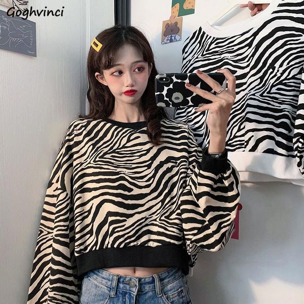 

hoodies sweatshirts women puff sleeve chic zebra pattern ins fashion all-match autumn crop ulzzang street teens vintage new, Black
