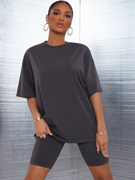 

sxy drop shoulder solid & biker shorts set j6xf#, White