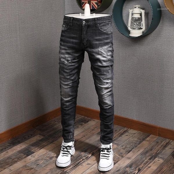 

italian style fashion men jeans black gray slim fit ripped jeans men brand designer streetwear hip hop homme1, Blue