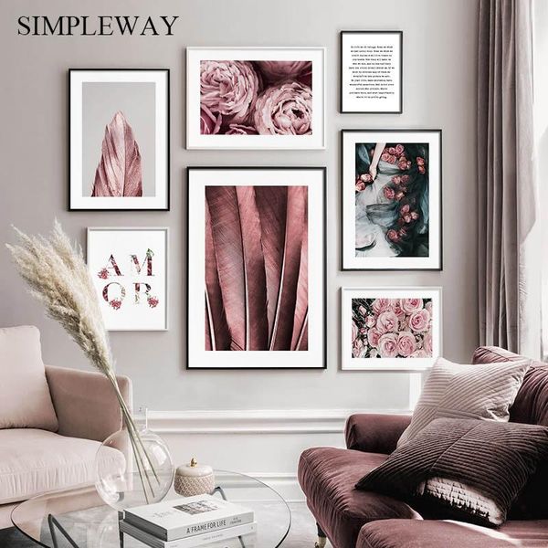 

paintings scandinavian poster nordic style floral print pink feather flower canvas painting modern wall art picture living room decoration