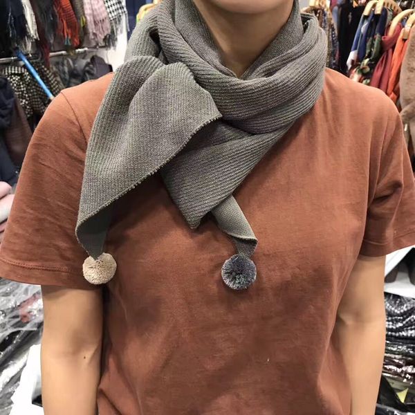 

scarf winter 2020 south korea east gate lovely girl solid color wool ball versatile warm knitted bib shawl, Blue;gray