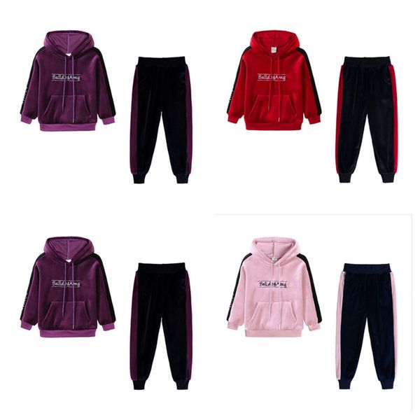 

baby girls tracksuit spring autumn gold velvet suits children long-sleeved hooded sweater pants two pieces outfits sports suits g12803, Blue;red