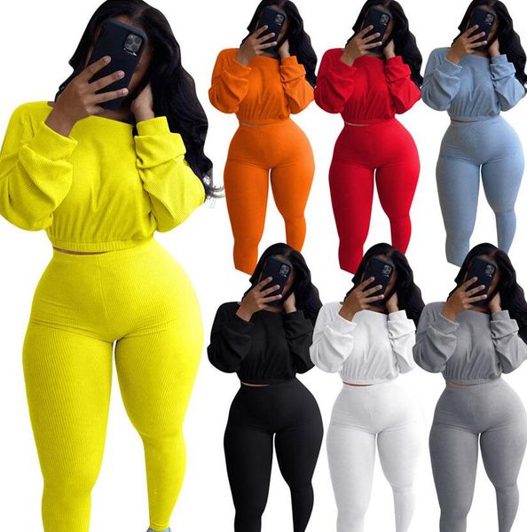 

solid rib knit womens 2 piece outfits crop pullover hoodie blouses + pants skinn leggings sportswear bodysuit casual clothing setf92912, White