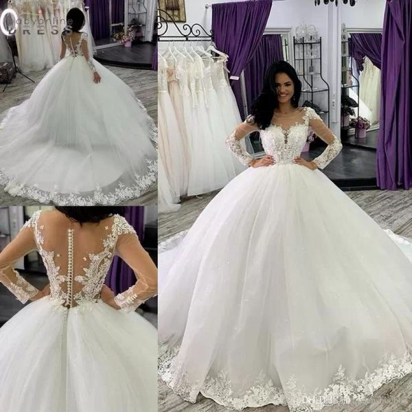 2022 Abiti da sposa splendidi abiti da sposa Abito da ballo da sposa a maniche lunghe Applique Illusione Illusione Top Satin Scoop Tulle Dubai su misura con un vestido de nobu 403 403