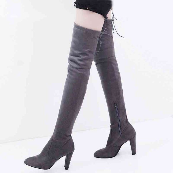 

eoeodoit women long boots high chunky heel pointed toe over knee autumn winter stocking pumps booties plus size 34 - 42, Black