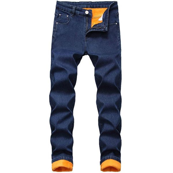 

men denim pants plus size men winter plus velvet composite warm denim jeans straight slim thick fashion long jeans, Blue