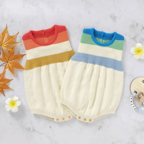 

spring winter baby girl boy knitted romper infant sleeveless warm stripe design strap bodysuit newborn outfits, Blue