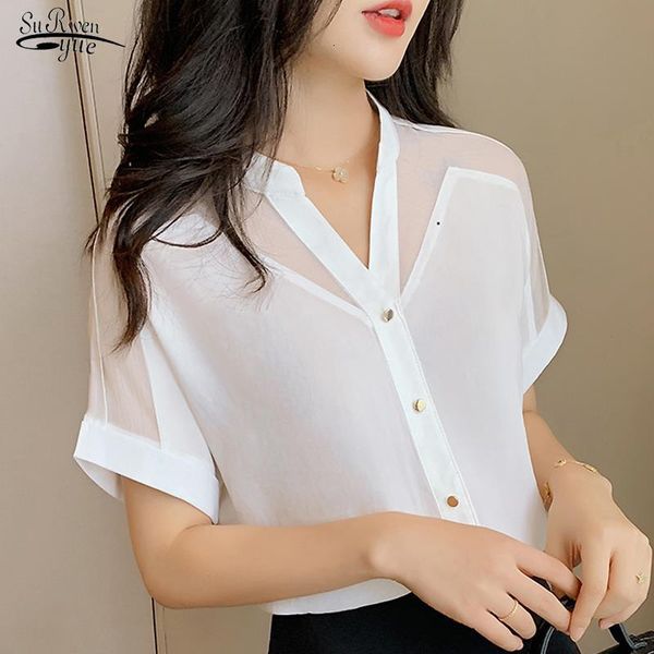 

2020 summer new style short-sleeved women fashion solid color mesh v-neck women shirts pullover chiffon women blouse 9632, White
