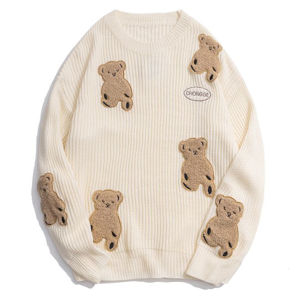 

2021 new patch bear print cartoon knitted sweaters harajuku sweater pullover men winter retro oversized couple streetwear 0rth, White;black