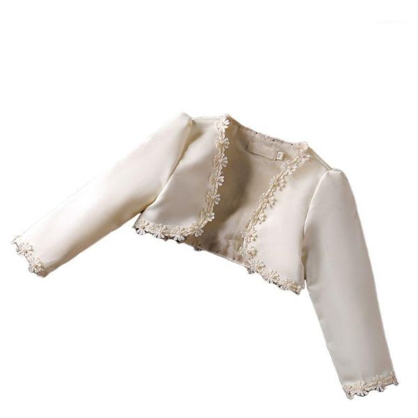 

flower girls long sleeve satin shrug embroidery faux pearl flower wedding jacket corb1, Blue;gray