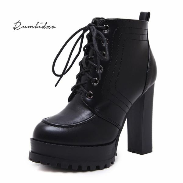 

boots rumbidzo 2021 brand cross-tied women platform round toe high heeled lace up woman winter bootie black botas