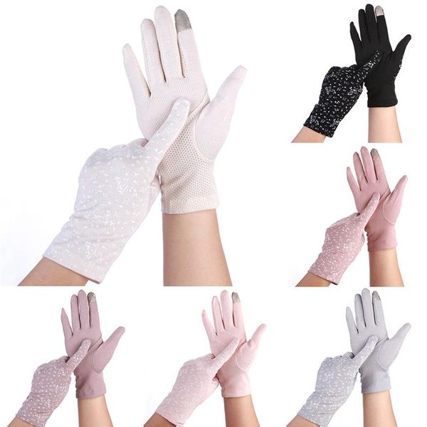 

five fingers gloves women sunscreen stretch summer spring lady touch screen anti uv slip resistant driving glove breathable guantes pink, Blue;gray