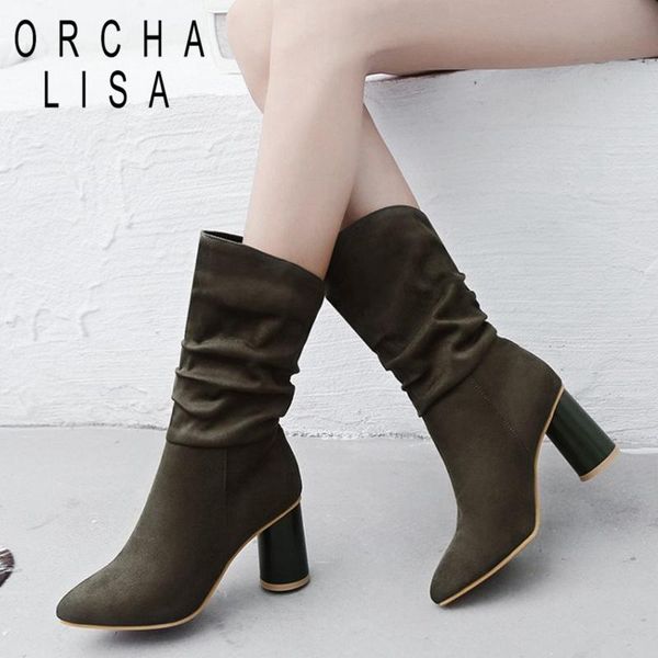 

orcha lisa fall mid calf boots woman stretched short booties green red black flock western boots round high heels slip on shoes