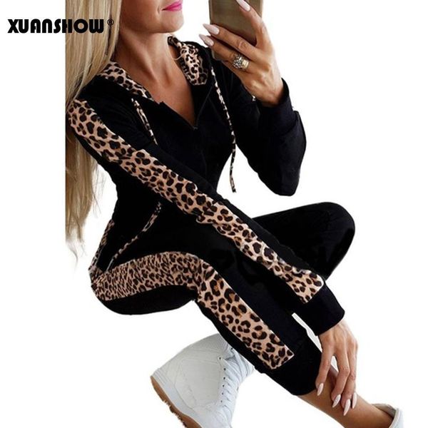 

xuanshow autumn winter fashion tracksuit women splice fleece leopard print coat with hood two pieces set hoodies long pants suit c1103, Gray