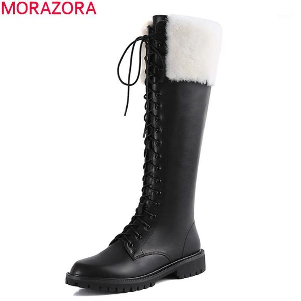 

boots morazora 2021 genuine leather knee high fashion lace up quality winter keep warm women boots1, Black
