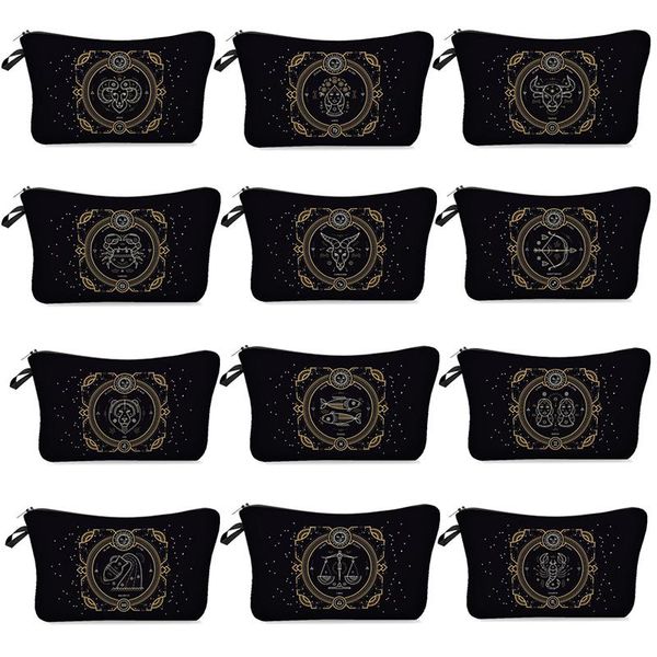 

women makeup cosmetic toiletry bag with 12 constellation travel organizer toiletry bag organizer makeup pouch black print