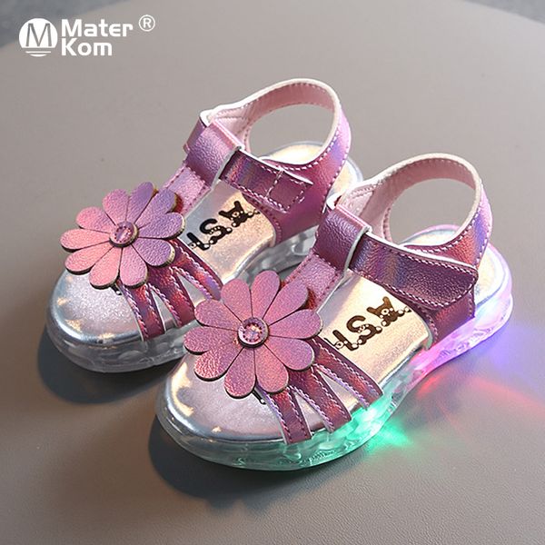 

size 21-30 led light up princess children non-slip casual shoes girls breathable baby hook loop luminous sandals, Black;red