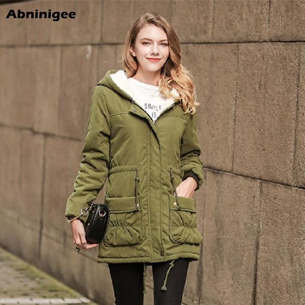 

winter women's hooded parkas lamb wool cotton jacket waist drawstring slim mid-length ladies cotton jacket 4 colors plus size, Black