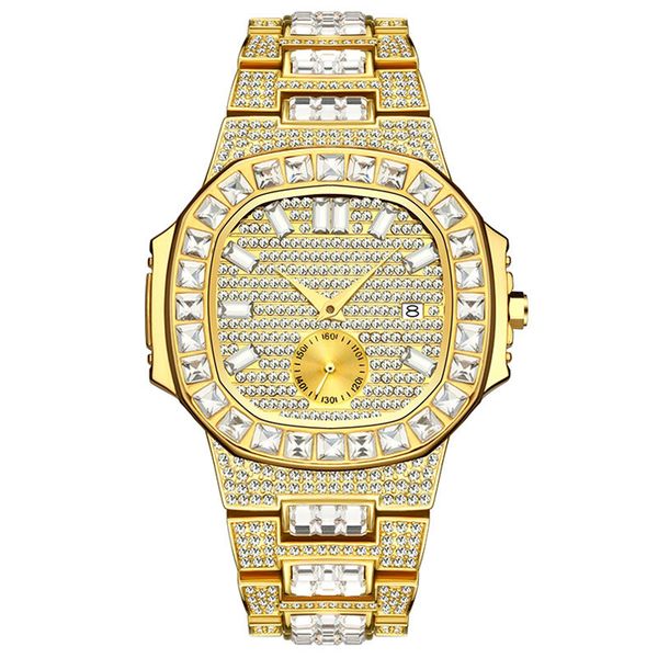 

Promotional men's fashion watch 18K diamond 30M waterproof luxury watch hip-hop classic gold Japan quartz watches men's bracelet, Black