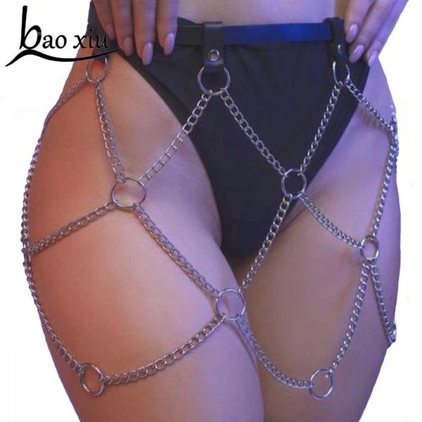 

woman punk silver leather harness metal chain punk style pu leather belts fetish body bondage caged gothic garters, Black;brown