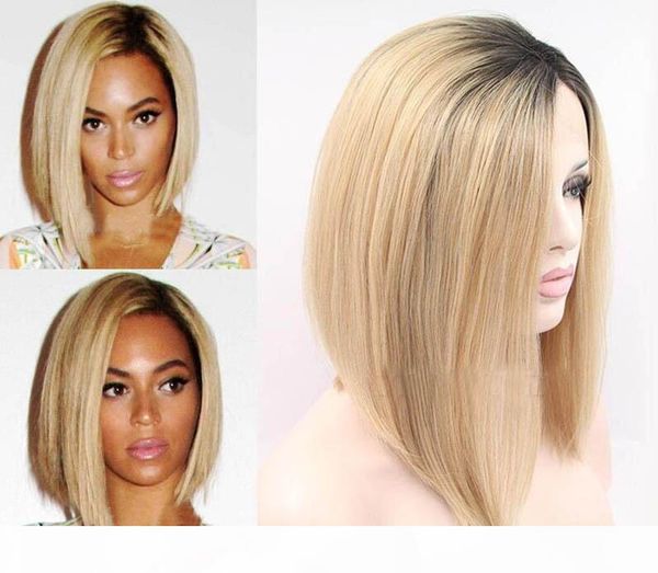 

elegant short bob style blonde straight synthteic lace front women's hair wig high temperature natural blond wig, Black