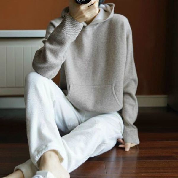 

spring winter cashmere wool sweater women sweaters knitted hooded warm lady's grade up jumpers and pullovers with pockets lj201113, White;black