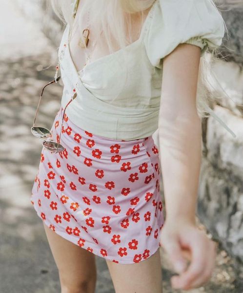 

mini high waist a line floral satin short kawaii skirts womens pink skirt 1014, Black
