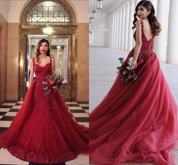 

2021 designer dark red mermaid evening dresses with detachable train spaghetti backless appliques beads women formal prom party gowns, Black;red