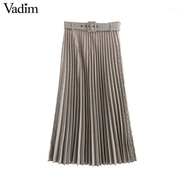 

vadim women elegant houndstooth plaid pleated skirt bow tie belt side zipper female office wear basic midi skirts ba9051, Black