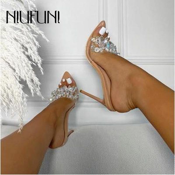 

crystal women slippers niufuni pointed toe plus size 35-41 ladies sandals rhinestone high heels stiletto casual shoes for women, Black