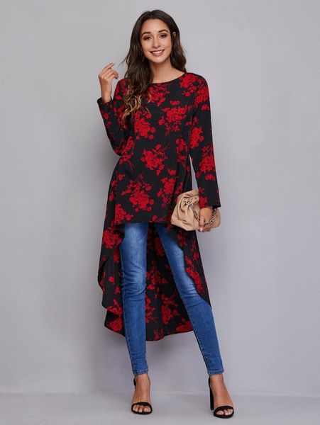 

floral print dip hem 45ey#, White
