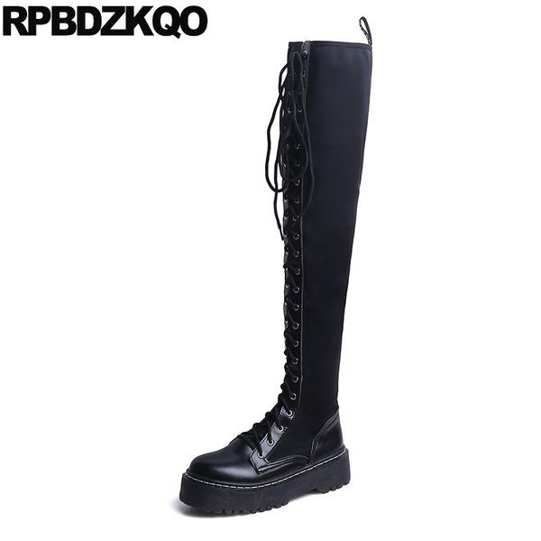 

flat slim long fashion over the knee lace up shoes suede thigh women boots black combat high platform stretch 2020 new
