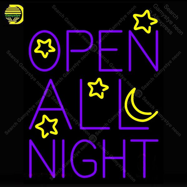 

open all night neon sign moon and stars glass tube handmade neon light sign decorate wall room iconic neon light lamp advertise