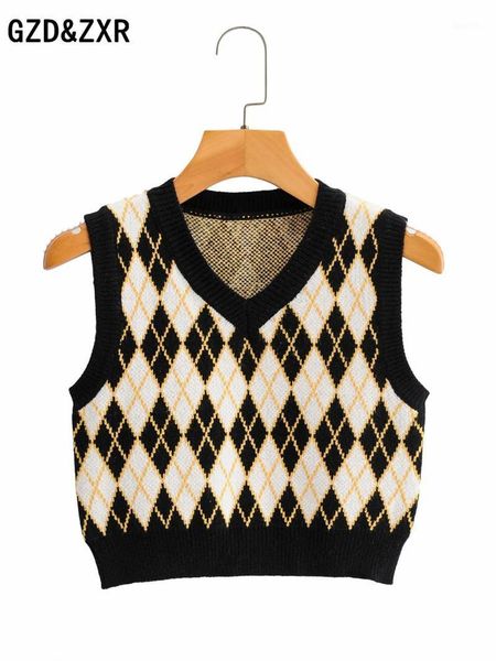 

2020 new women's fall and winter vintage v-neck short sleeveless vest with diamond-shaped plaid1, White;black