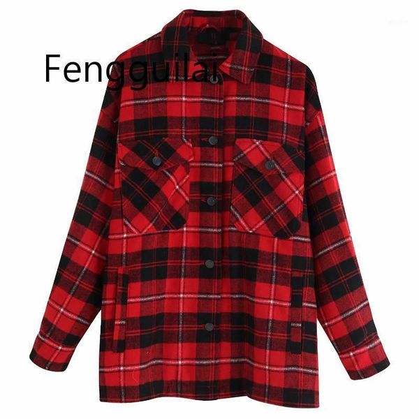 

2020 women woolen plaid oversized jacket checkered pockets loose style long sleeve coat female outwear warm causal green re1, Black;brown