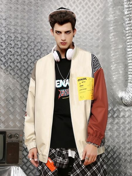 

men slogan & graphic print color block zip up jacket w1xa#, Black;brown