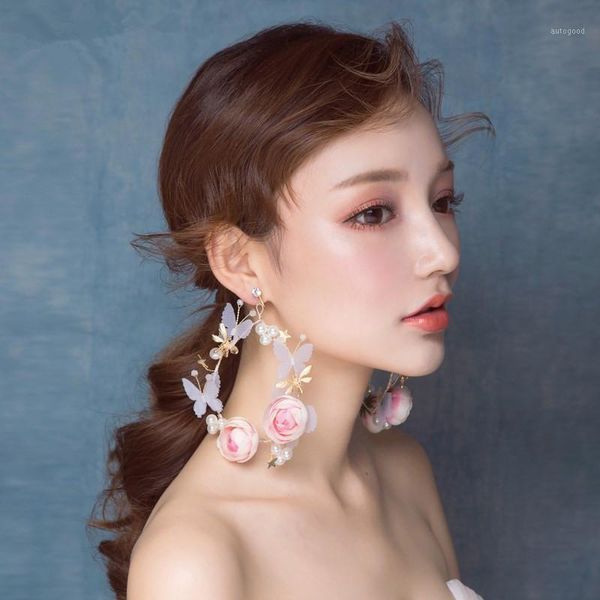 

dangle & chandelier mori temperament personality show thin sweet pink earrings big hoop flower wedding accessories1, Silver