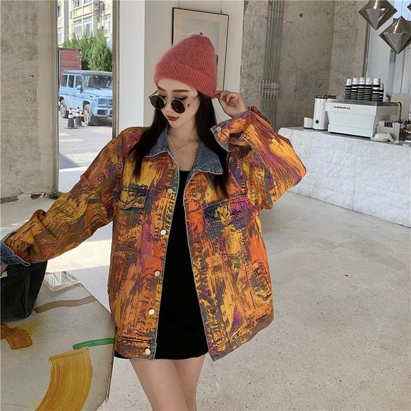 

korean streetwear punk denim jacket women autumn winter new loose casual graffiti tie-dye korean mid-length jacket cardigan top, Black;brown
